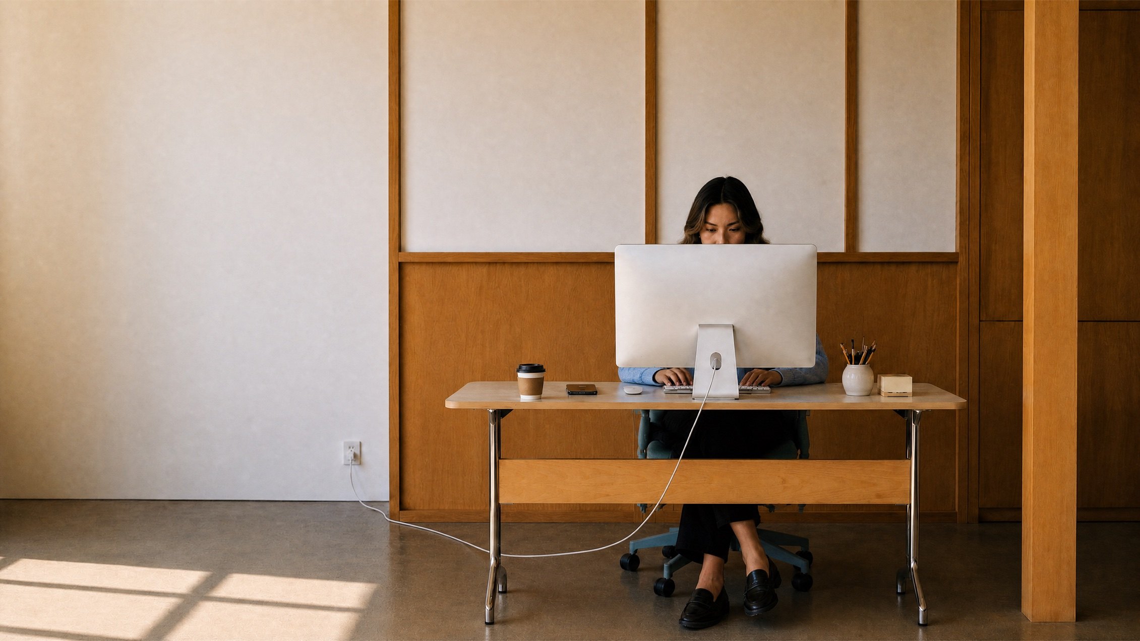 Someone working at a bare desk in a quiet, daylit office