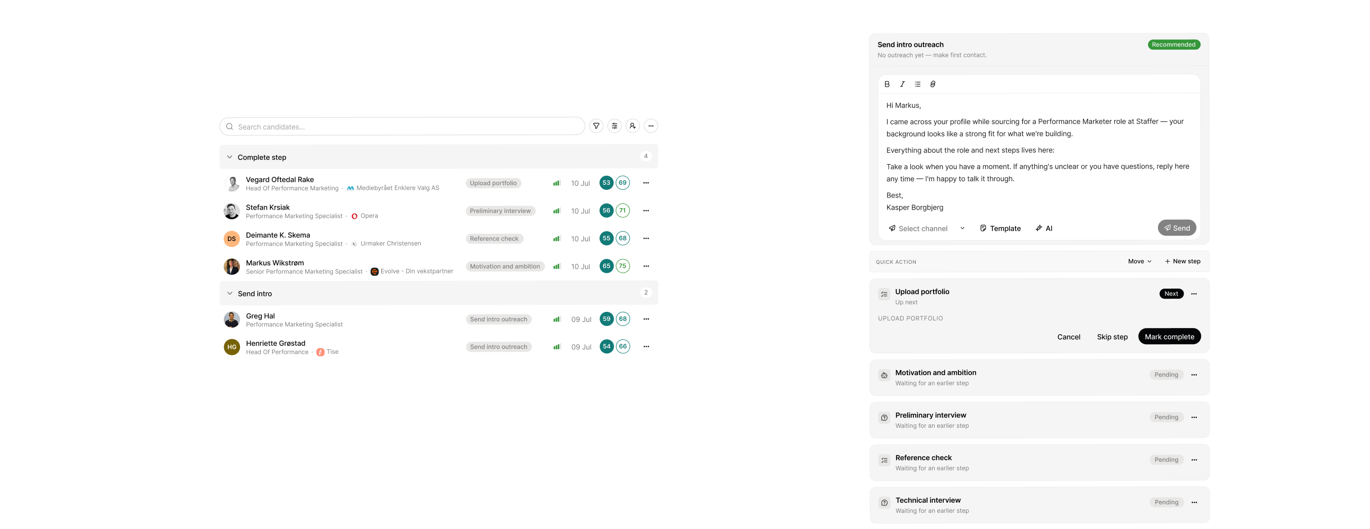 A shortlist with several candidates selected and the bulk action bar showing